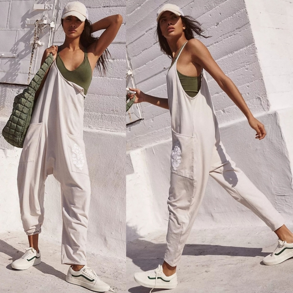 New Free People FP Movement Hot Shot Logo Onesie Mocha Combo Overalls Jumpsuit L - Picture 8 of 16
